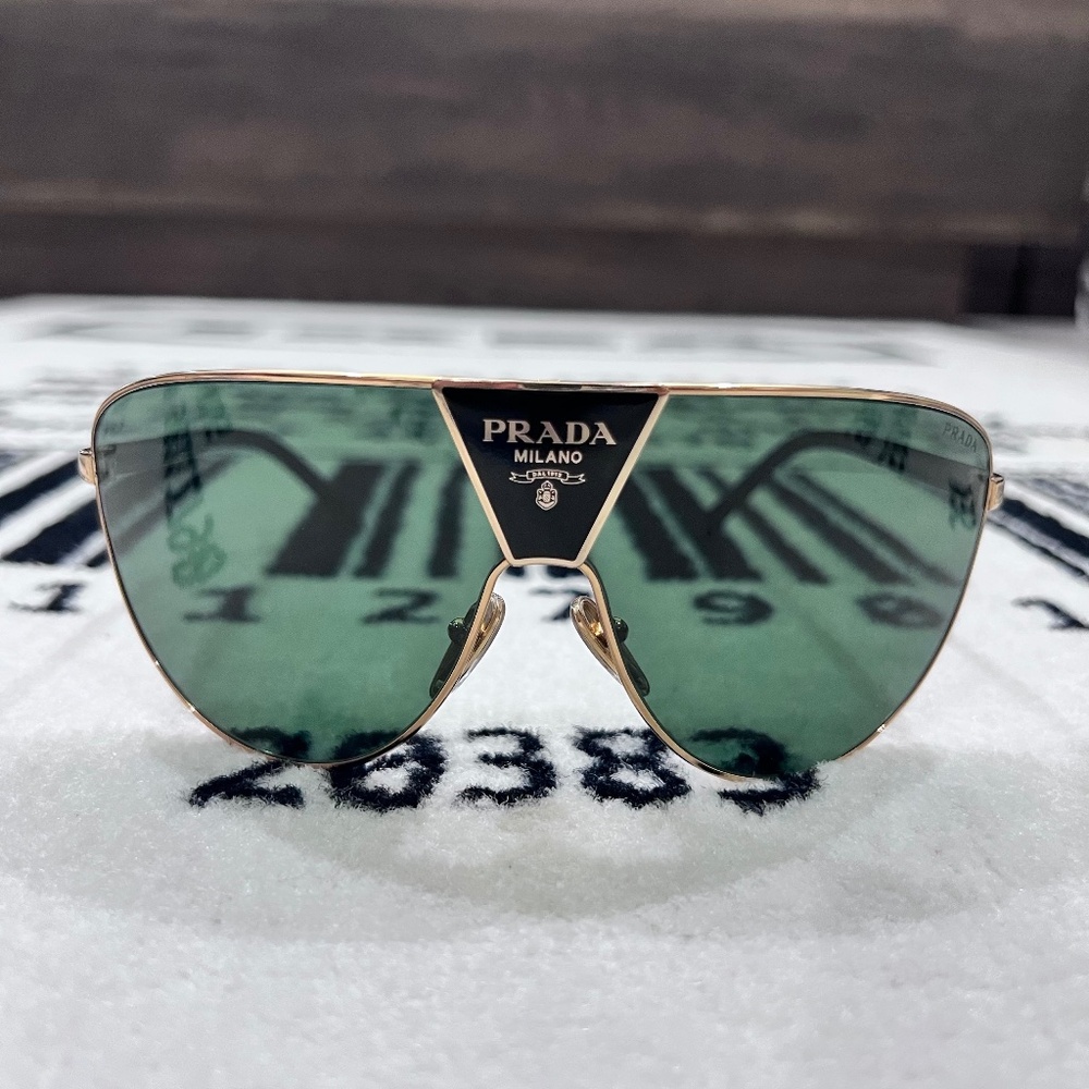 Prada 0PR 69ZS Gold Frame Green Lenses Logo Shield Wrap Mask Runway Sunglasses